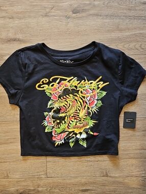 NWT Ed Hardy  Black Graphic Tiger Crop Tee
